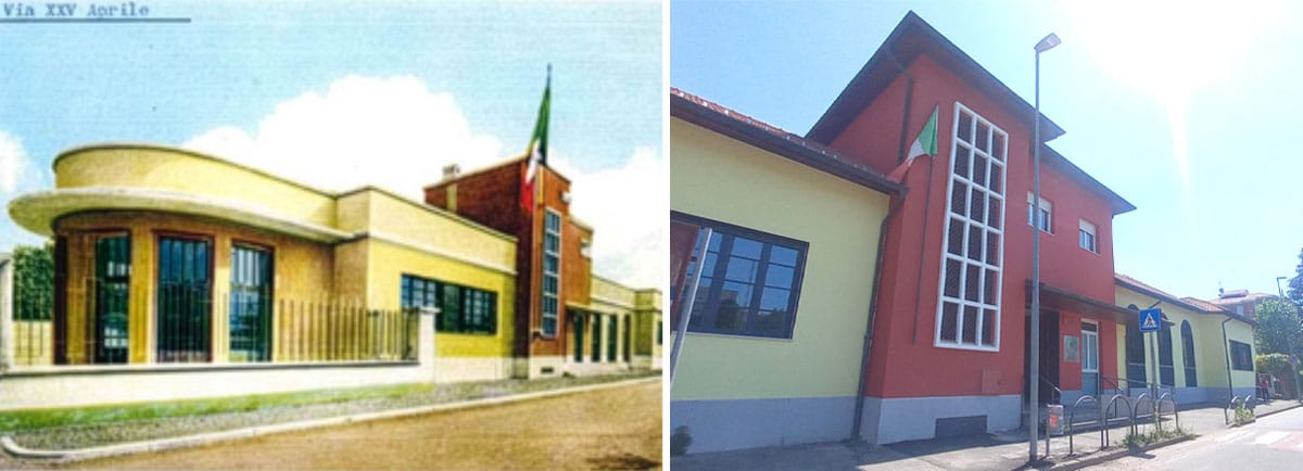 Asilo nido di Vimercate prima e dopo il miglioramento sismico PNRR: la cartolina storica del 1939 a confronto con la facciata restaurata oggi