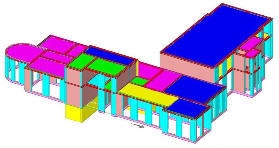 Modello BIM strutturale asilo nido Vimercate vista assonometrica 1: classificazione cromatica delle tipologie costruttive per analisi sismica SISMICAD
