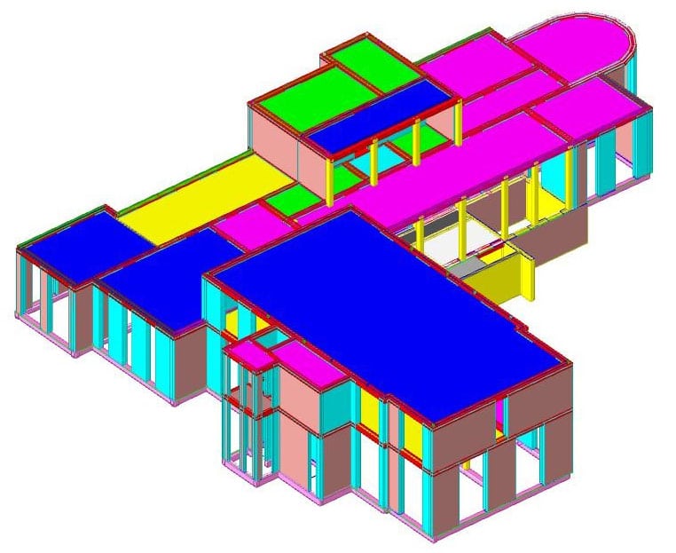 Modello BIM strutturale asilo nido Vimercate vista assonometrica 2: analisi sismica dinamica lineare con SISMICAD per intervento di miglioramento PNRR
